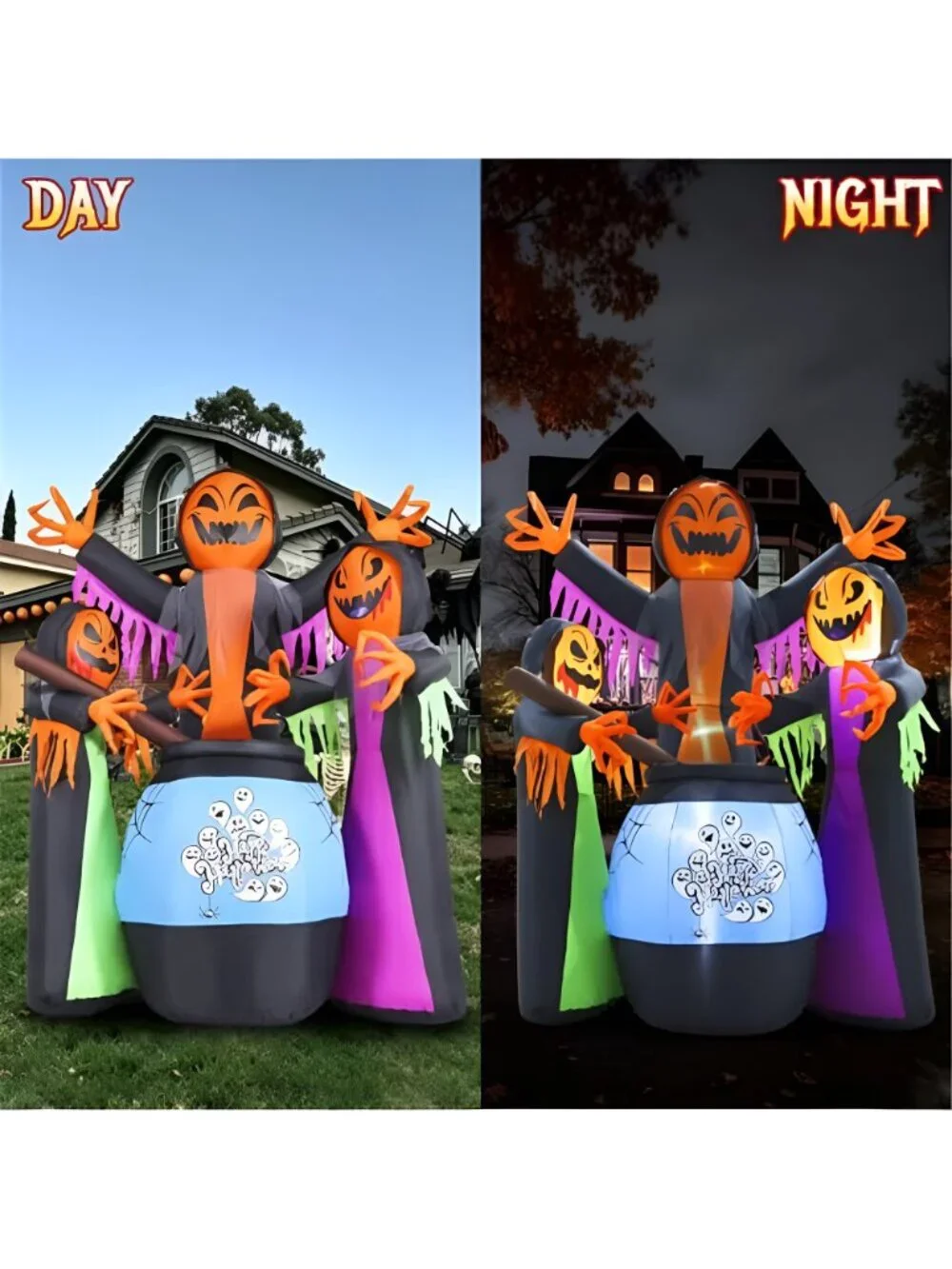 8FT Halloween Inflatables Three Witch Around Cauldron with Light Yard Decor